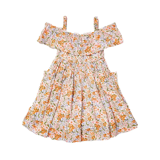 Orange Girls Floral Print Bardot Dress With Pockets